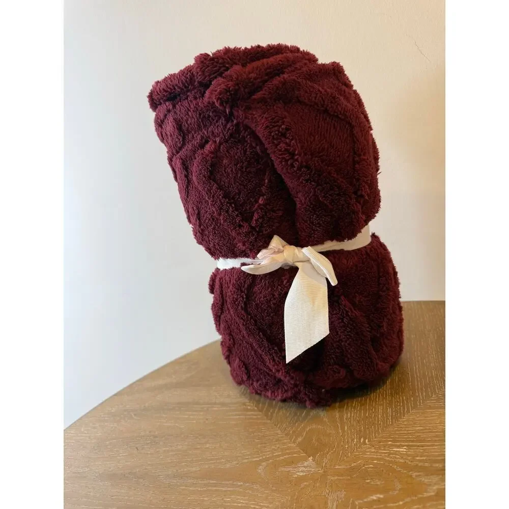 Premier Comfort Sherpa Throw Cozy Cable Knit Blanket Burgundy 50x60 NEW